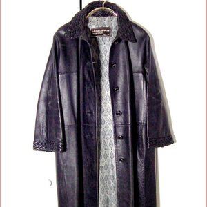 Vtg 70's Black Leather Ledaspain Women's Button Goth Long Jacket Sz 16